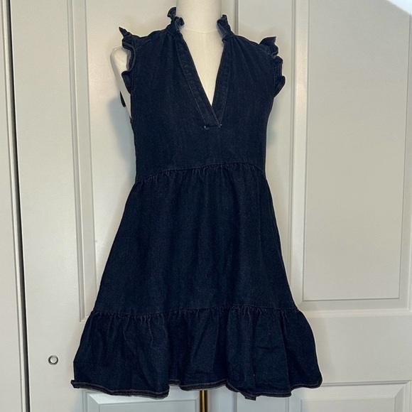 Amanda Uprichard Denim Mini Dress XS | Ruffle Tiered Hem V-Neck Vacation resort - Picture 2 of 5